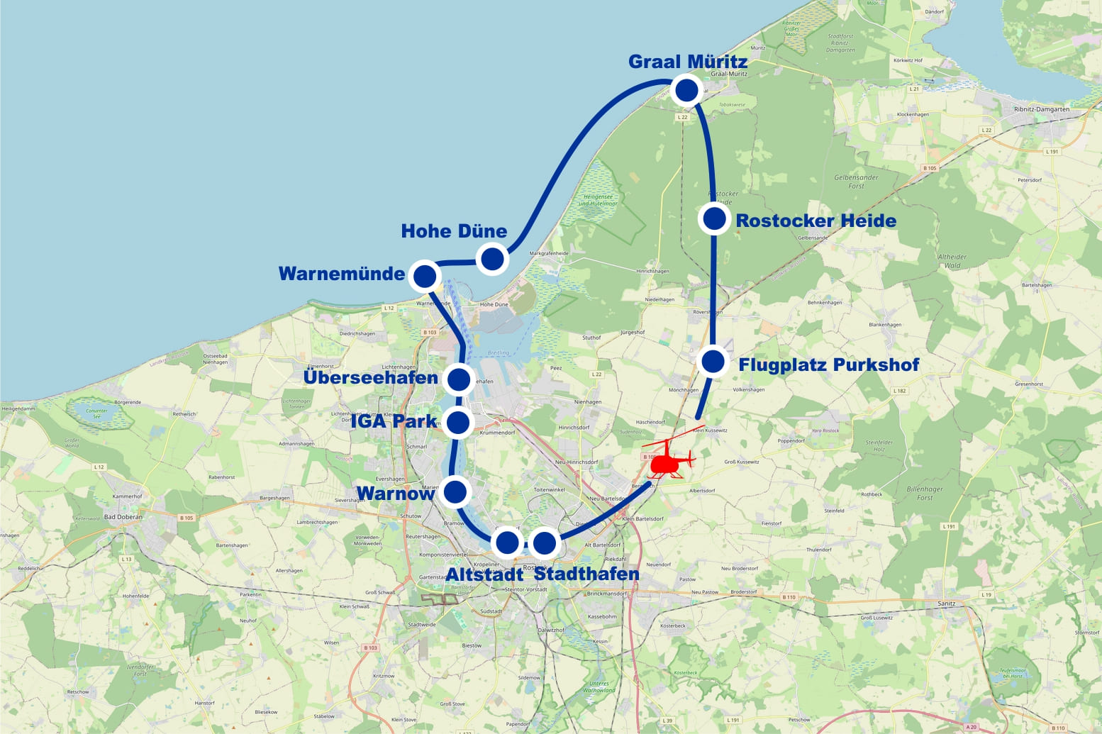 Hubschrauber Rundflug A Rostock Warnemünde Schwaan Überseehafen Graal Müritz Karls Erdbeerhof ab Flugplatz Purkshof bei Rostock