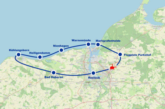 Hubschrauber Rundflug B Rostock Ostseebad Warnemünde Bad Doberan Kühlungsborn Heiligendamm Nienhagen Markgrafenheide ab Flugplatz Purkshof