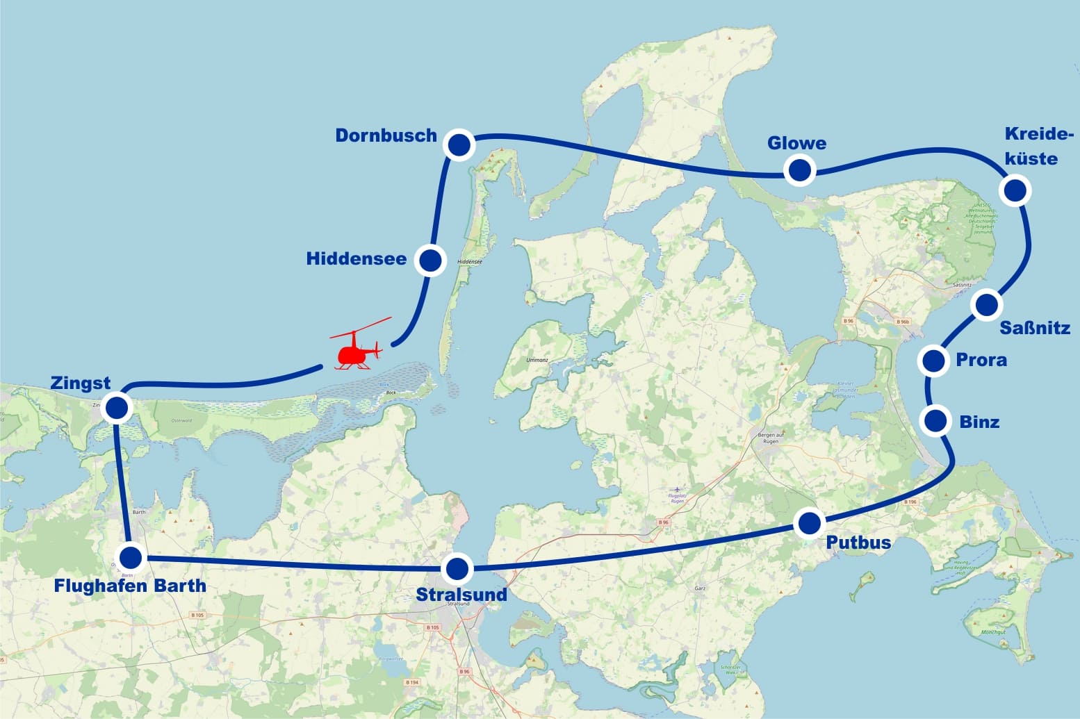 Hubschrauber Rundflug D Hiddensee Rügen Dornbusch Glowe Kreideküste Kreidefelsen Königsstuhl Sassnitz Prora Binz Putbus Stralsund ab Flughafen Barth