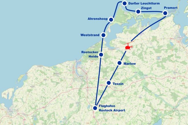 Hubschrauber Rundflug E Tessin Marlow Rostocker Heide Weststrand Ahrenshoop Darsser Leuchtturm Zingst Barth Pramort ab Flughafen Rostock Airport