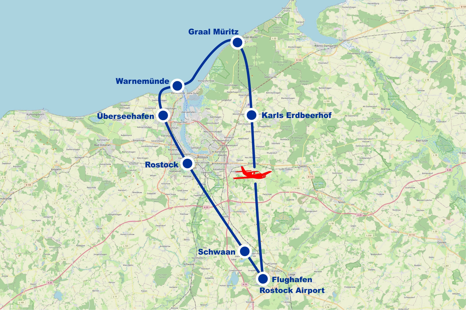 Rundflug 1 Rostock Warnemünde Schwaan Überseehafen Graal Müritz Karls Erdbeerhof ab Flughafen Rostock Airport