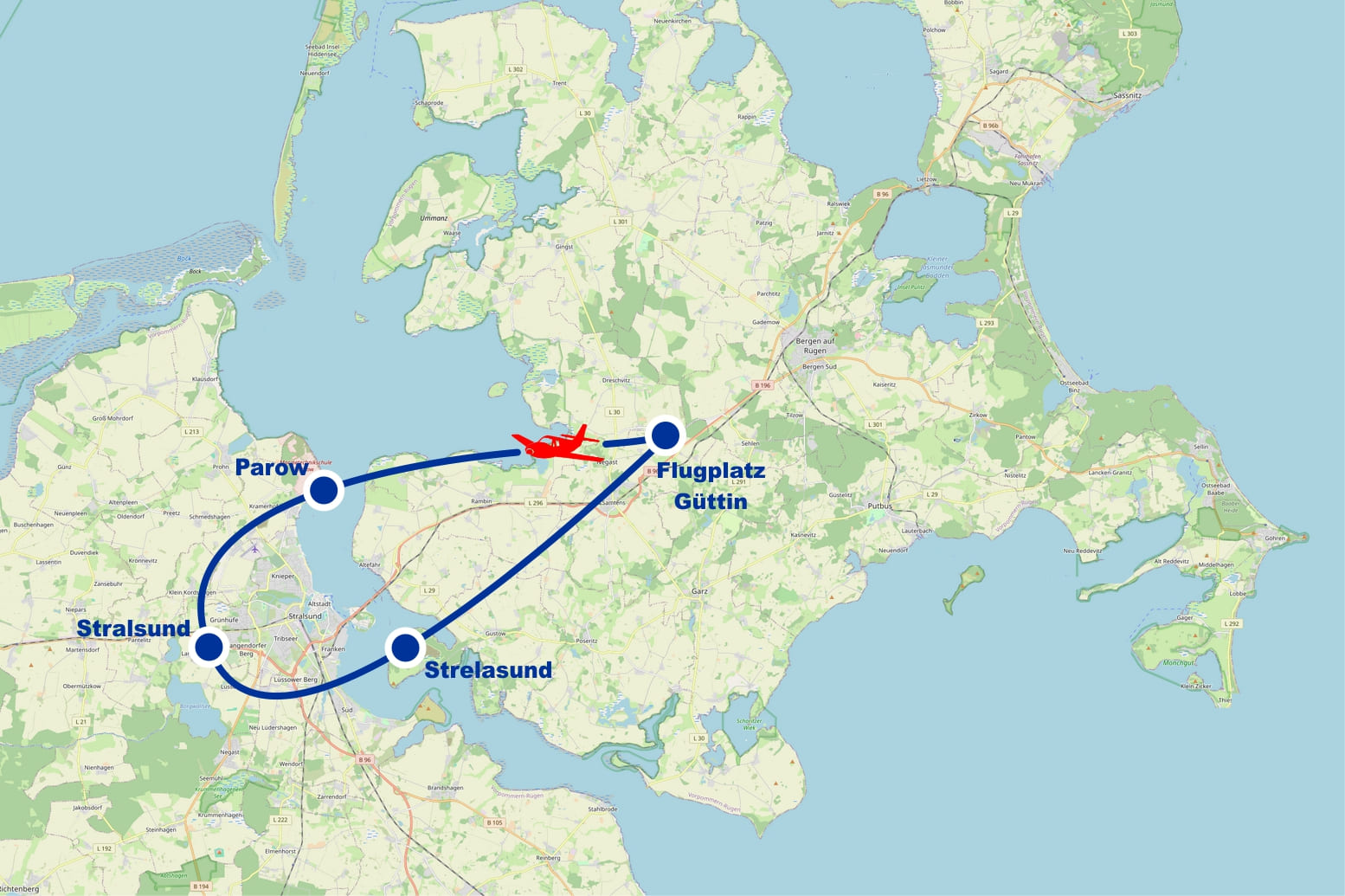 Rundflug 2 Stralsund Strelasund Parow Rügenbrücke ab Flugplatz Güttin Rügen