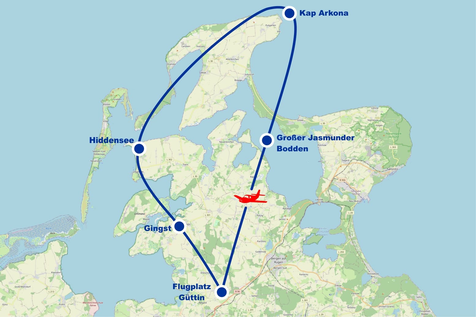 Rundflug 3 Gingst Hiddensee Kaparkona Jasmunder Bodden ab Flugplatz Güttin Rügen