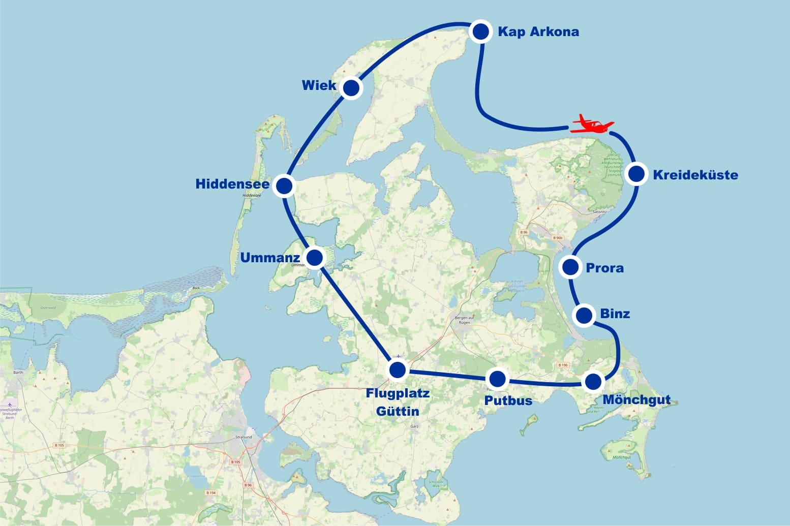 Rundflug 5 Hiddensee Ummanz Wiek Kap Arkona Glowe Kreideküste Prora Binz Putbus ab Flugplatz Güttin Rügen