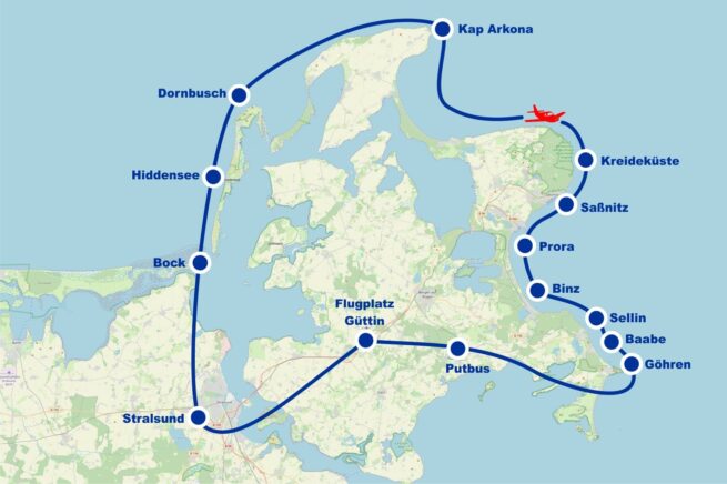 Rundflug 6 Stralsund Hiddensee Bock Kap Arkona Kreideküste Sassnitz Sellin Baabe Göhren Putbus Prora Binz ab Flugplatz Güttin Rügen