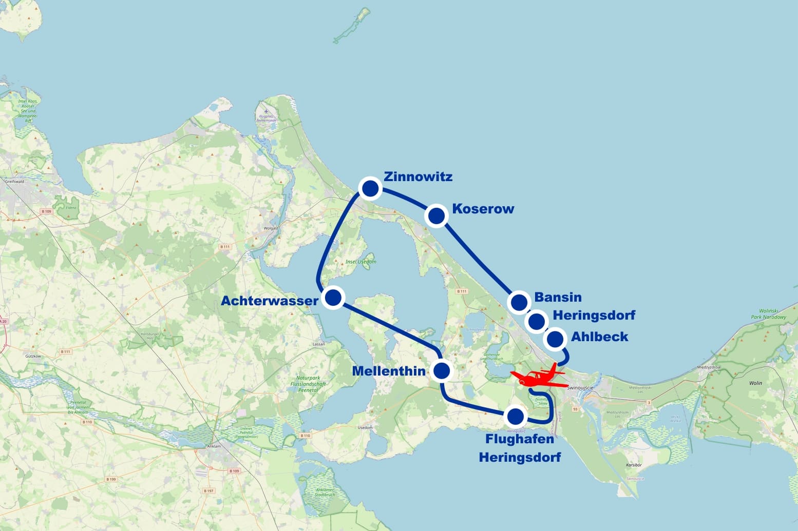 Rundflug A Mellenthin Achterwasser Zinnowitz Koserow Bansin Ahlbeck ab Flughafen Heringsdorf Usedom