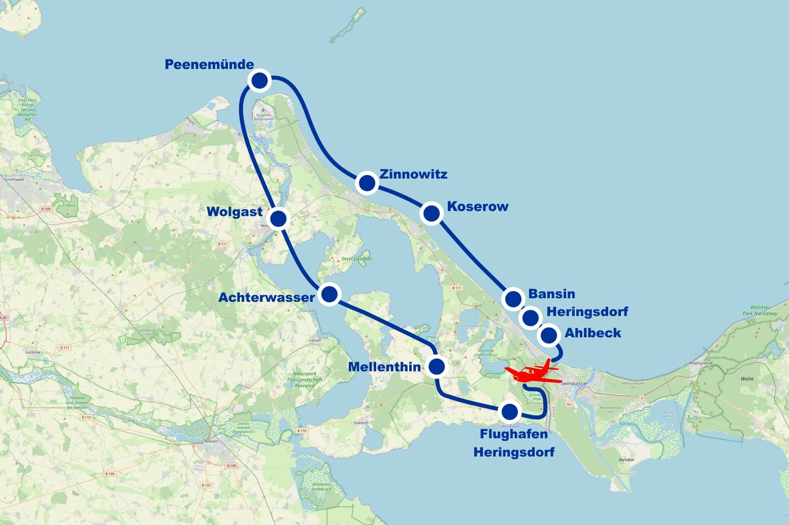 Rundflug B Wolgast Peenemünde Zinnowitz Koserow Bansin Ahlbeck ab Flughafen Heringsdorf Usedom