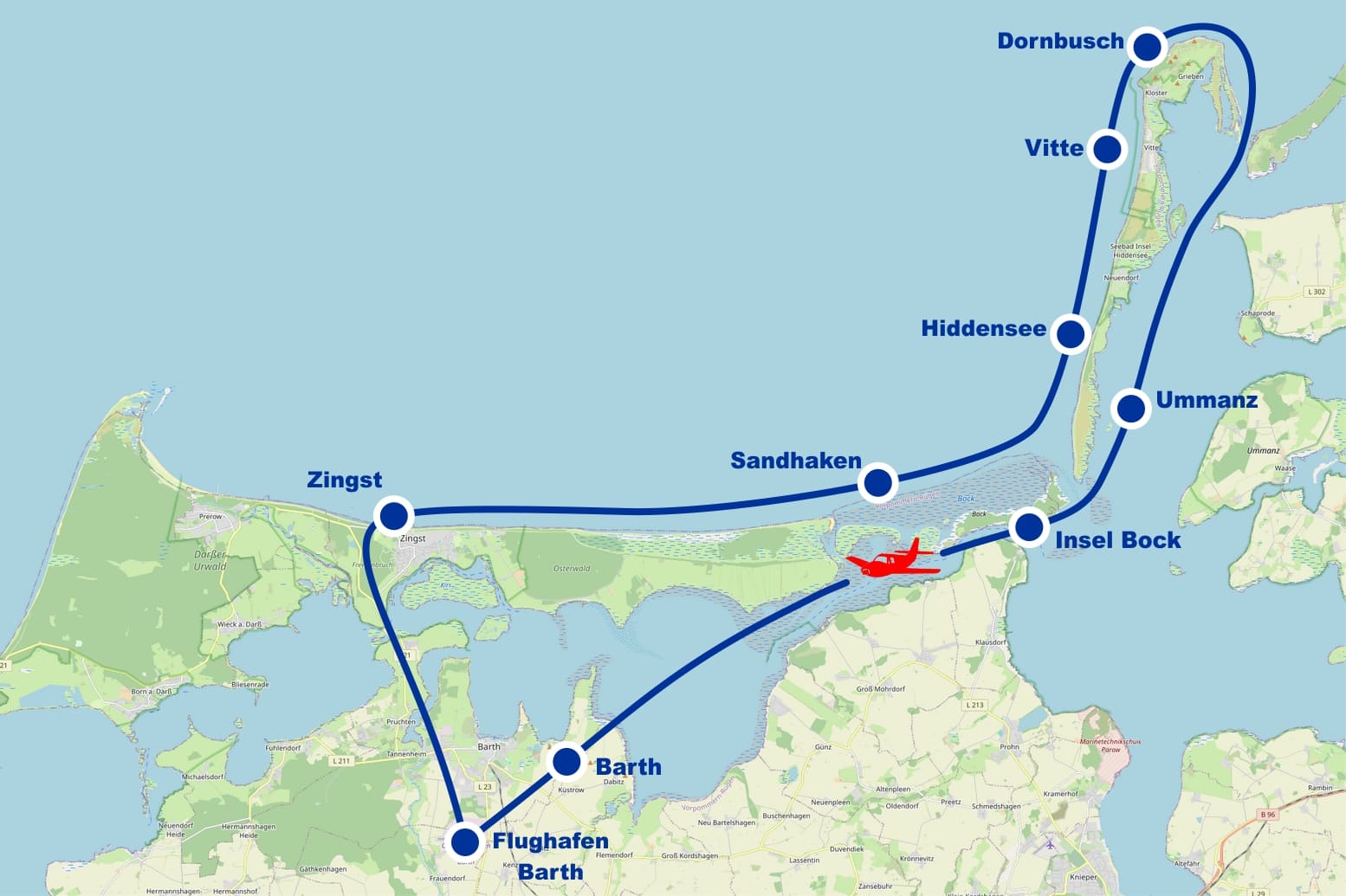 Rundflug C Darßer Sandhaken Zingst Hiddensee Vitte Dornbusch Bock Ummanz ab Flughafen Barth