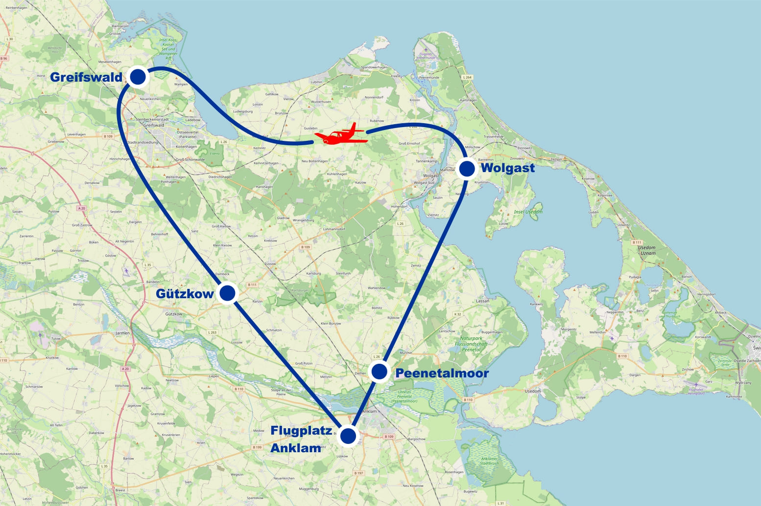 Rundflug C Greifswald Wolgast Peenetalmoor Gützkow ab Flugplatz Anklam