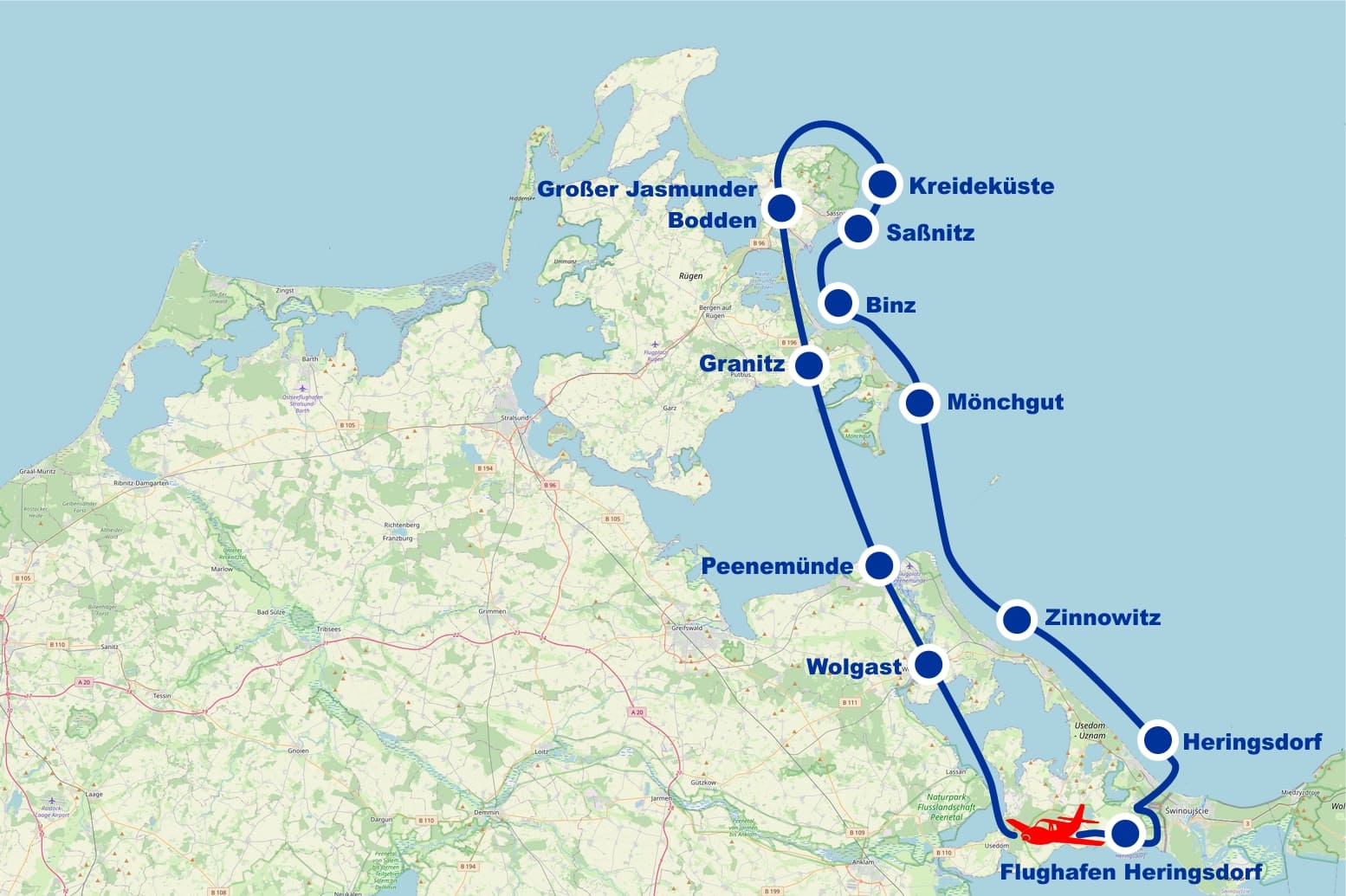 Rundflug D Rügen Putbus Kreideküste Saßnitz Binz Mönchgut Peenemünde ab Flughafen Heringsdorf Usedom