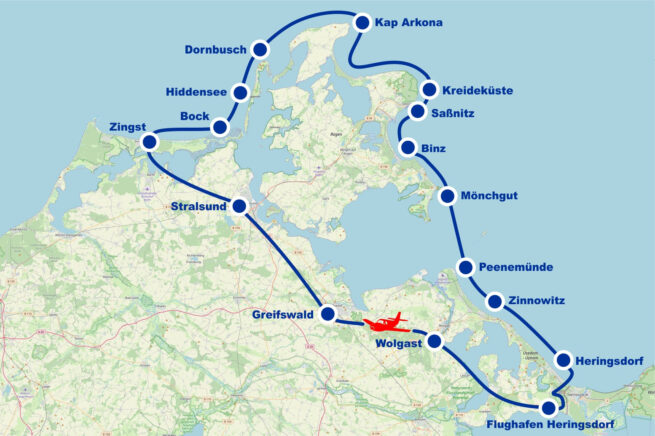 Rundflug E Hiddensee Stralsund Greifswald Rügen Putbus Kreideküste Saßnitz Binz Mönchgut Peenemünde ab Flughafen Heringsdorf Usedom