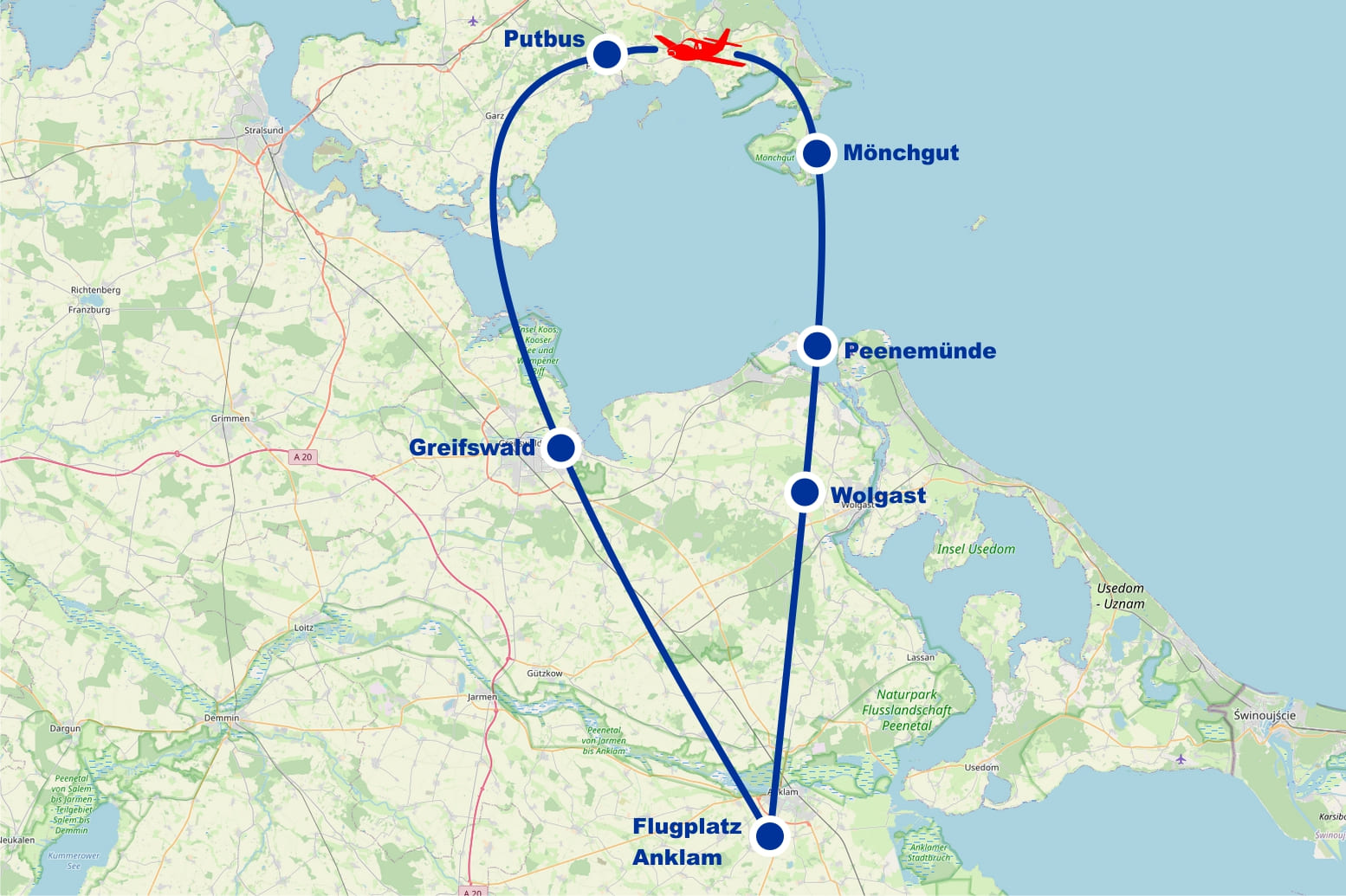 Rundflug F Greifswalder Bodden Puttbus Greifswald Oie Moenchgut Peenemuende Wolgast ab Flugplatz Anklam