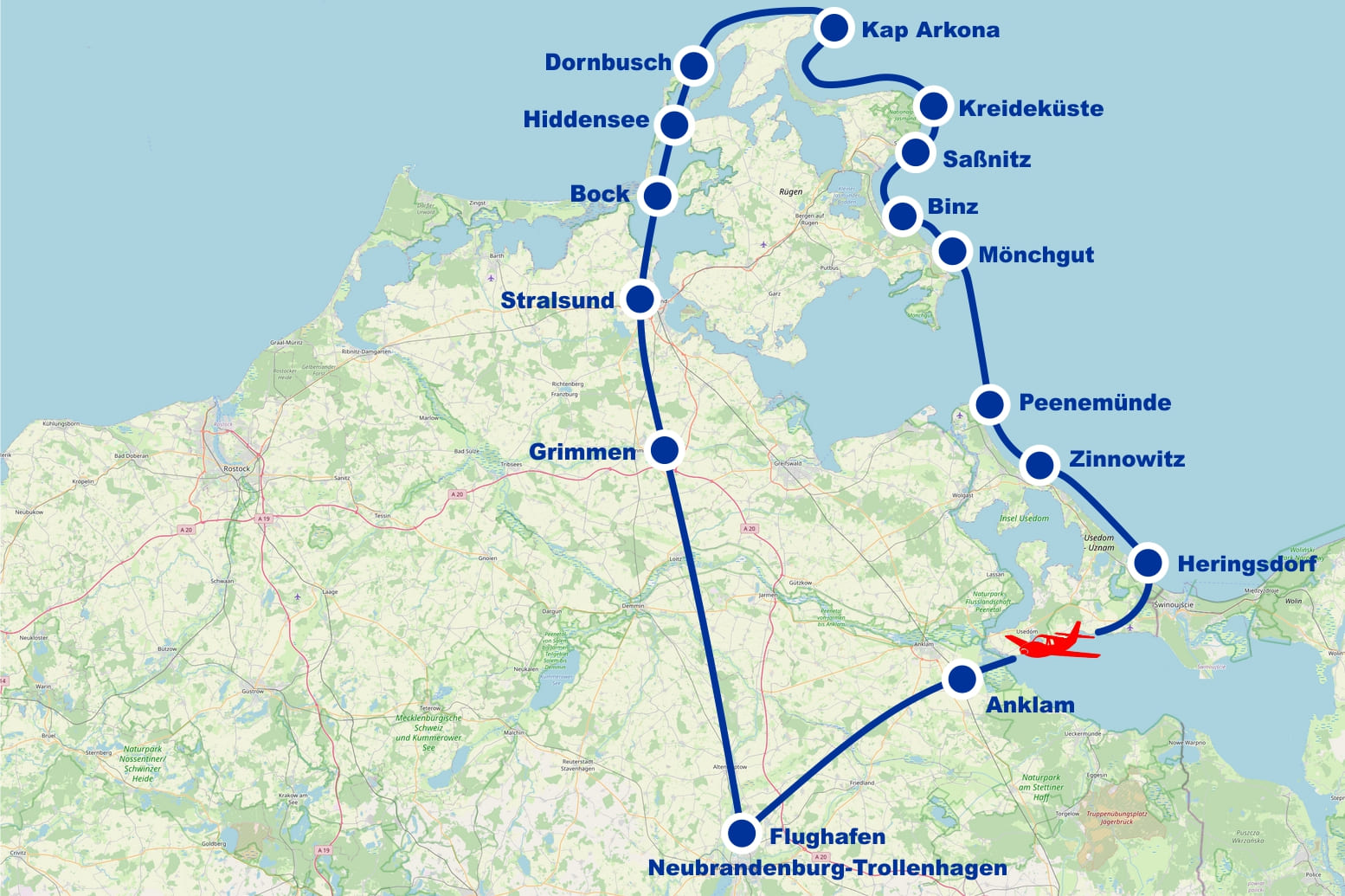 Rundflug G Rügen Usedom Stralsund Bock Hiddensee Dornbusch Kap Arkona Kreideküste Möchgut Peenemünde Zinnowitz Heringsdorf ab Flughafen Neubrandenburg Trollenhagen