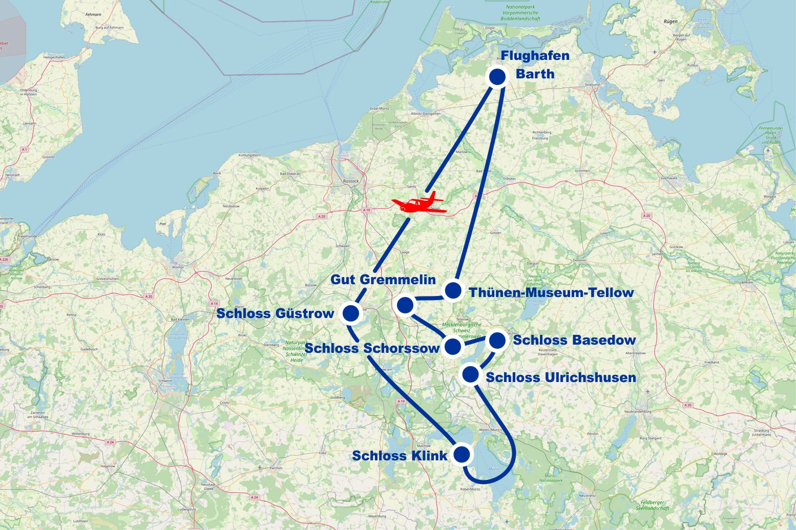 Rundflug Schlösser und Gutshäuser Schloss Güstrow Klink Ulrichshusen Basedow Schorssow Gremmelin Thünen Museeum ab Flughafen Barth